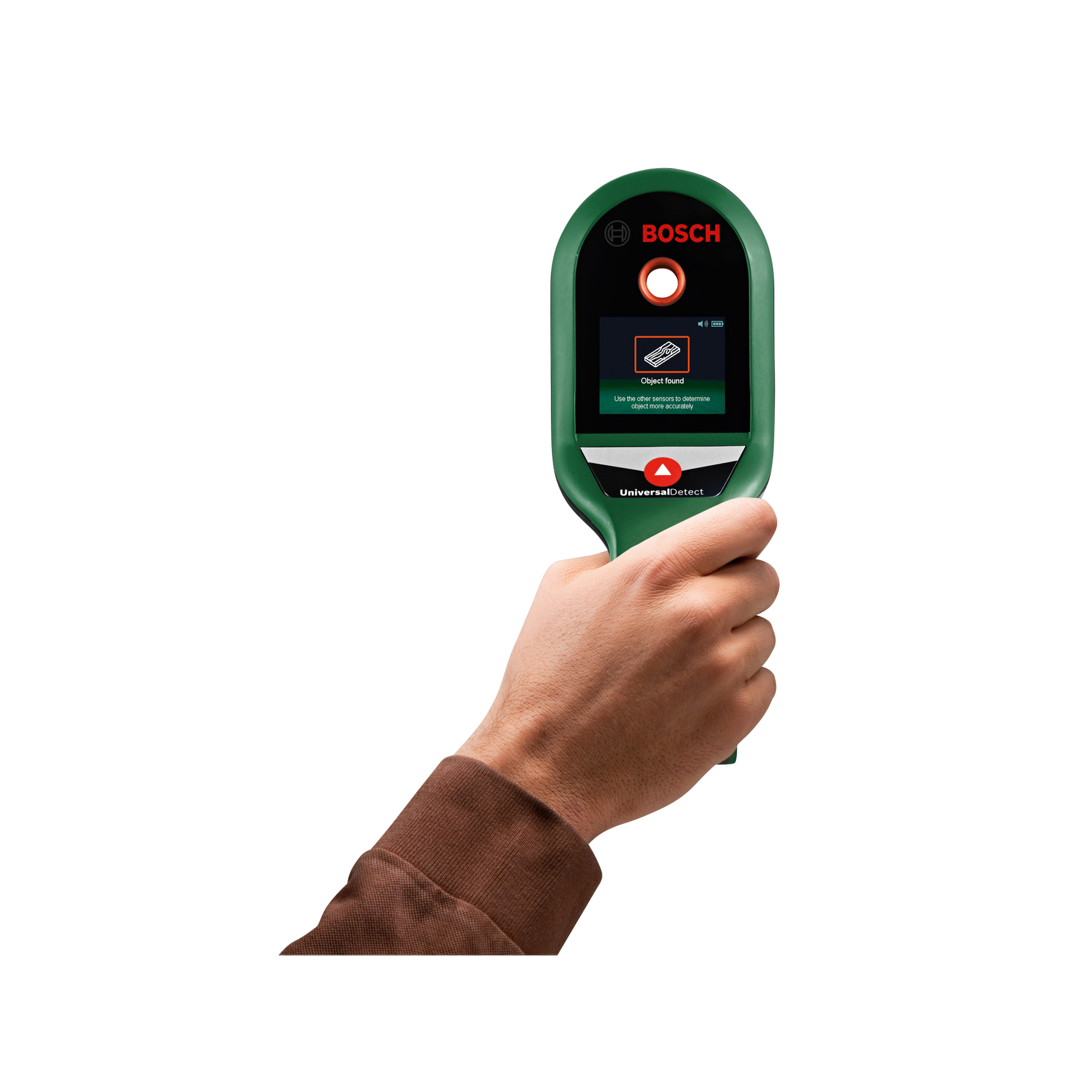 Eine Hand hält einen grünen Bosch Digitaldetektor mit Display.