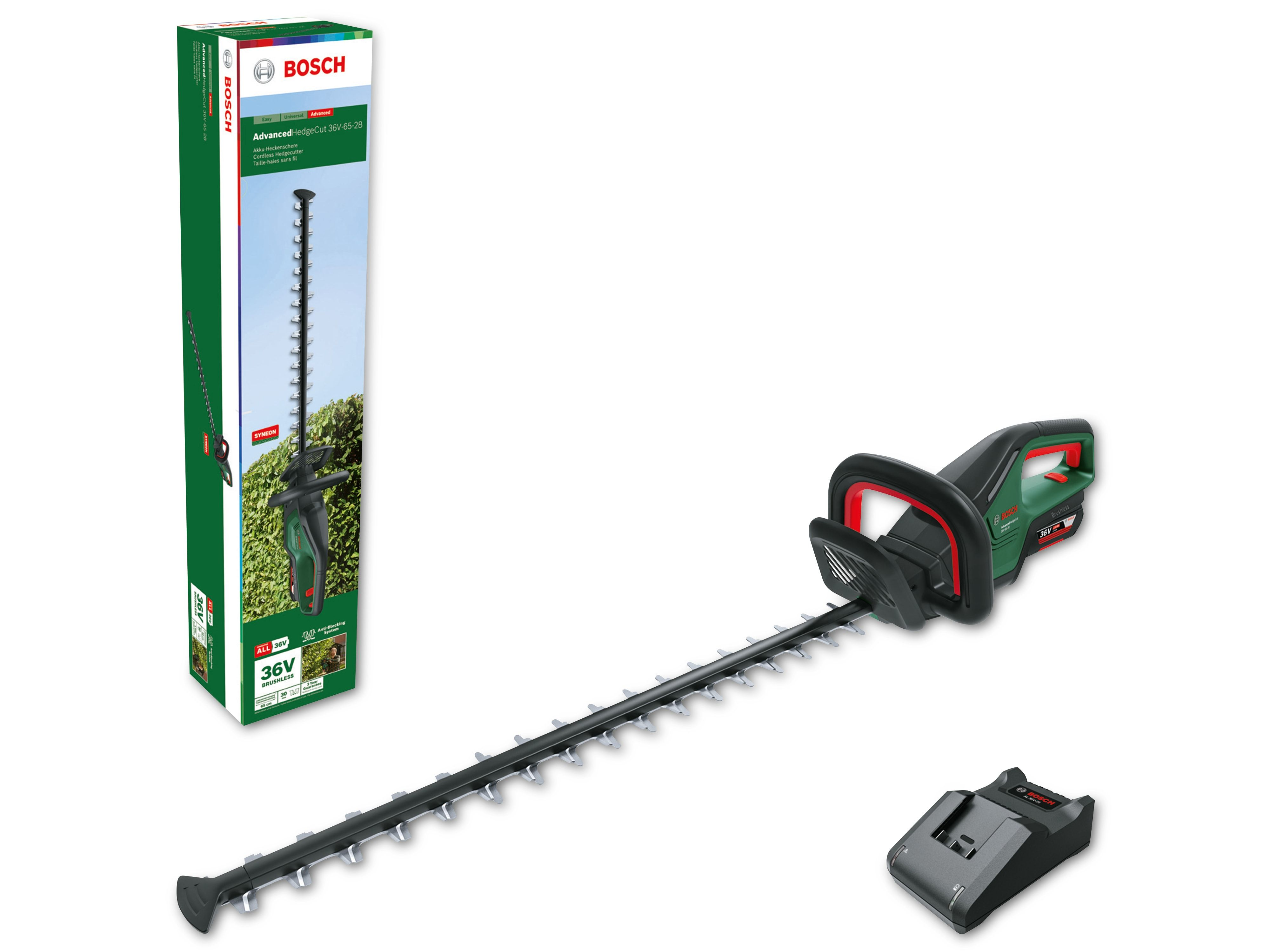 Bosch Akku-Heckenschere mit langem Messer, Ladegerät und Produktverpackung auf weißem Hintergrund.
