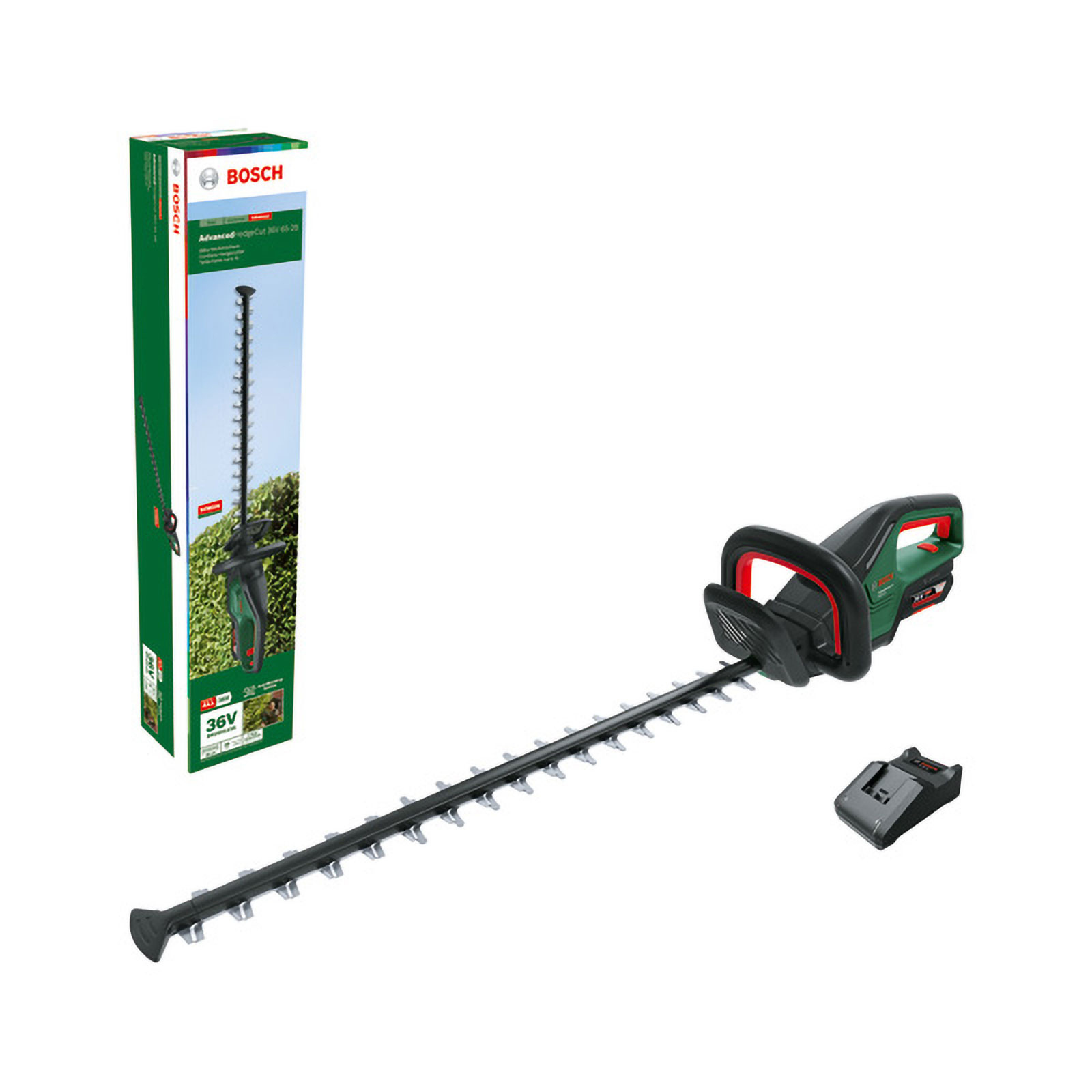 Eine Bosch 36V Akku-Heckenschere mit langem Messer, grüner Verpackungskarton und schwarzem Ladegerät.