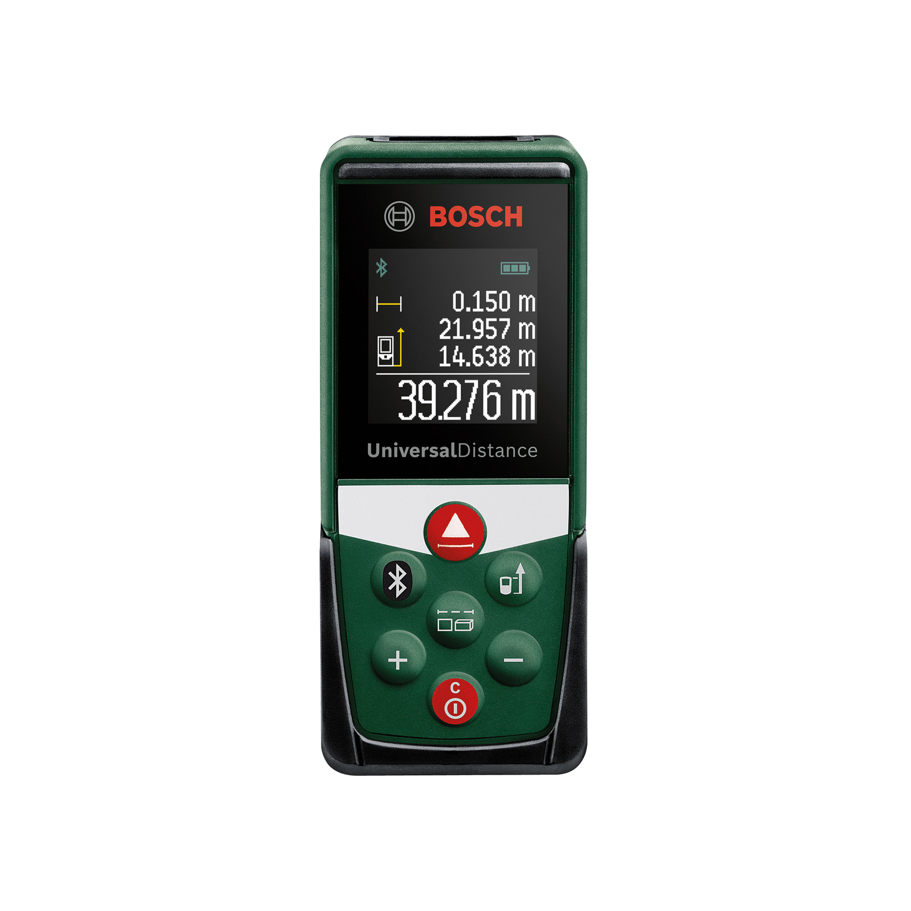 Gruenes Bosch UniversalDistance Lasermessgeraet mit digitalem Display und Bedientasten.