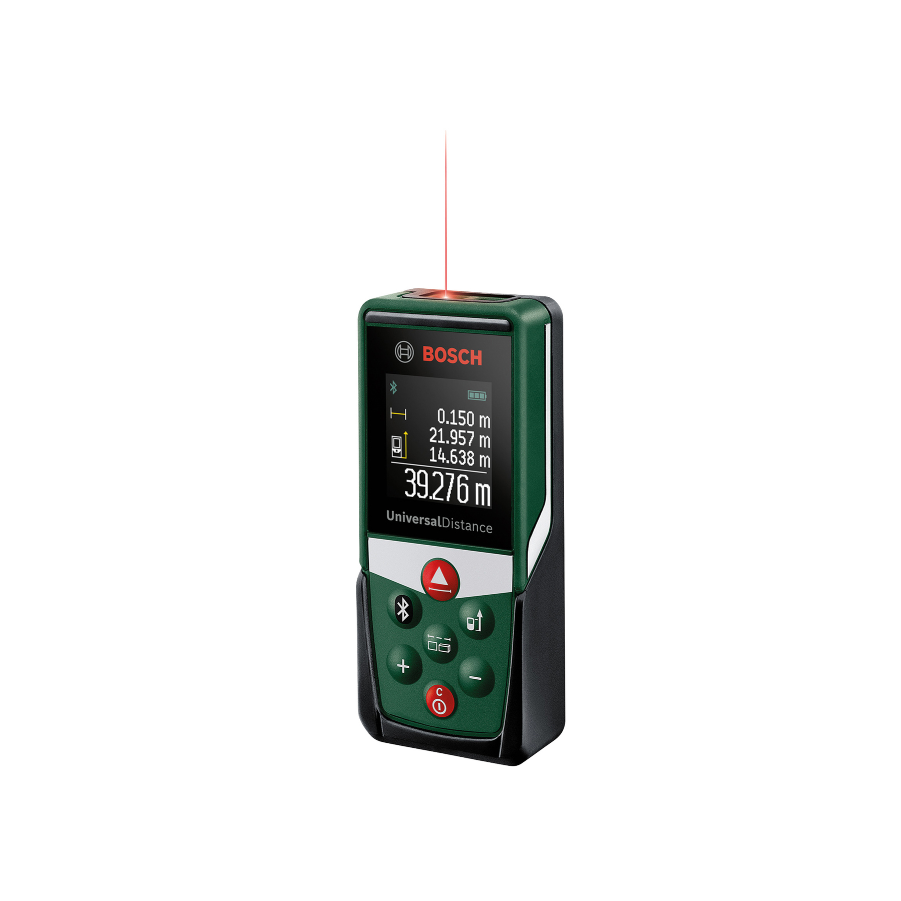 Grüner Bosch UniversalDistance Laser-Entfernungsmesser mit rotem Laserstrahl.
