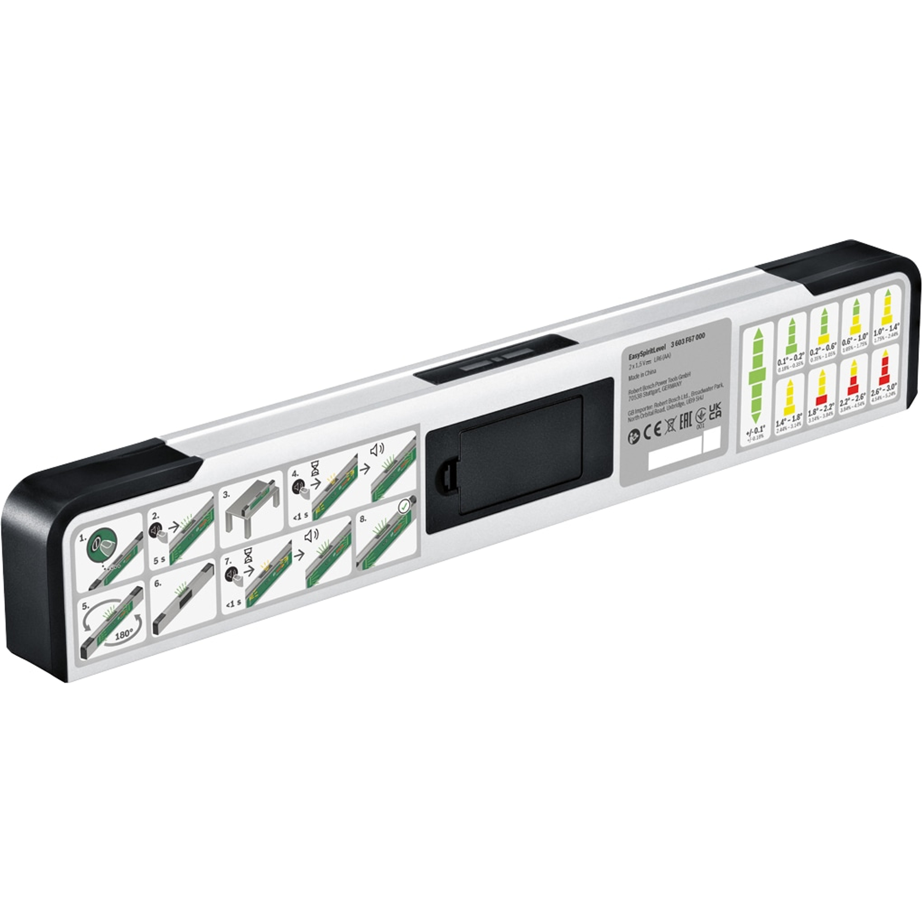 Eine silberne Wasserwaage mit Anleitungsstickern, Display und schwarzem Batteriefach.