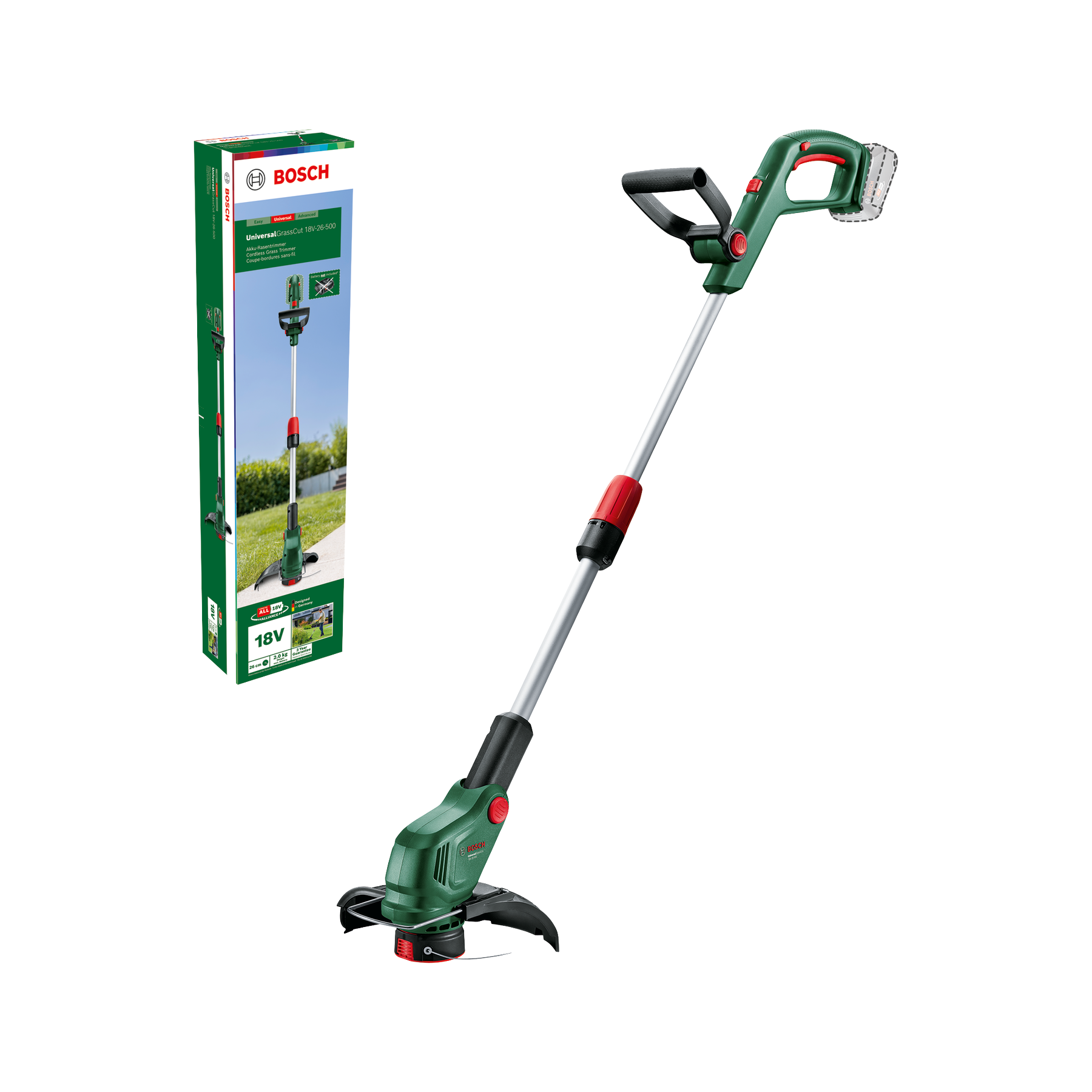 Gruener Bosch Akku-Rasentrimmer mit Verpackungskarton auf schwarzem Hintergrund.