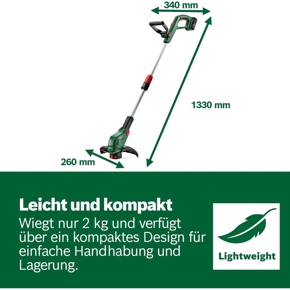 Leichter Rasentrimmer mit Maßen, 2 kg Gewicht und grünem Textfeld.