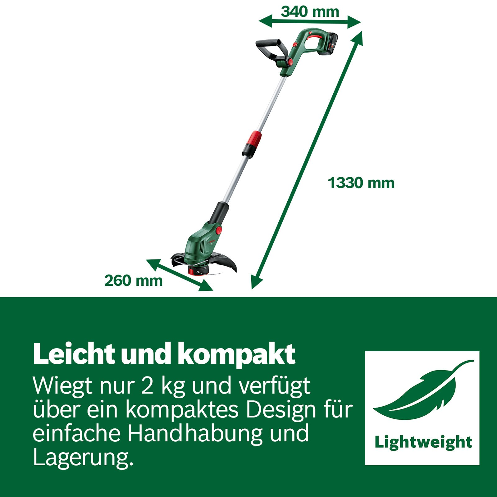 Grüner Bosch Akku-Rasentrimmer mit Maßen 1330x340x260 mm und Text zum leichten Gewicht.