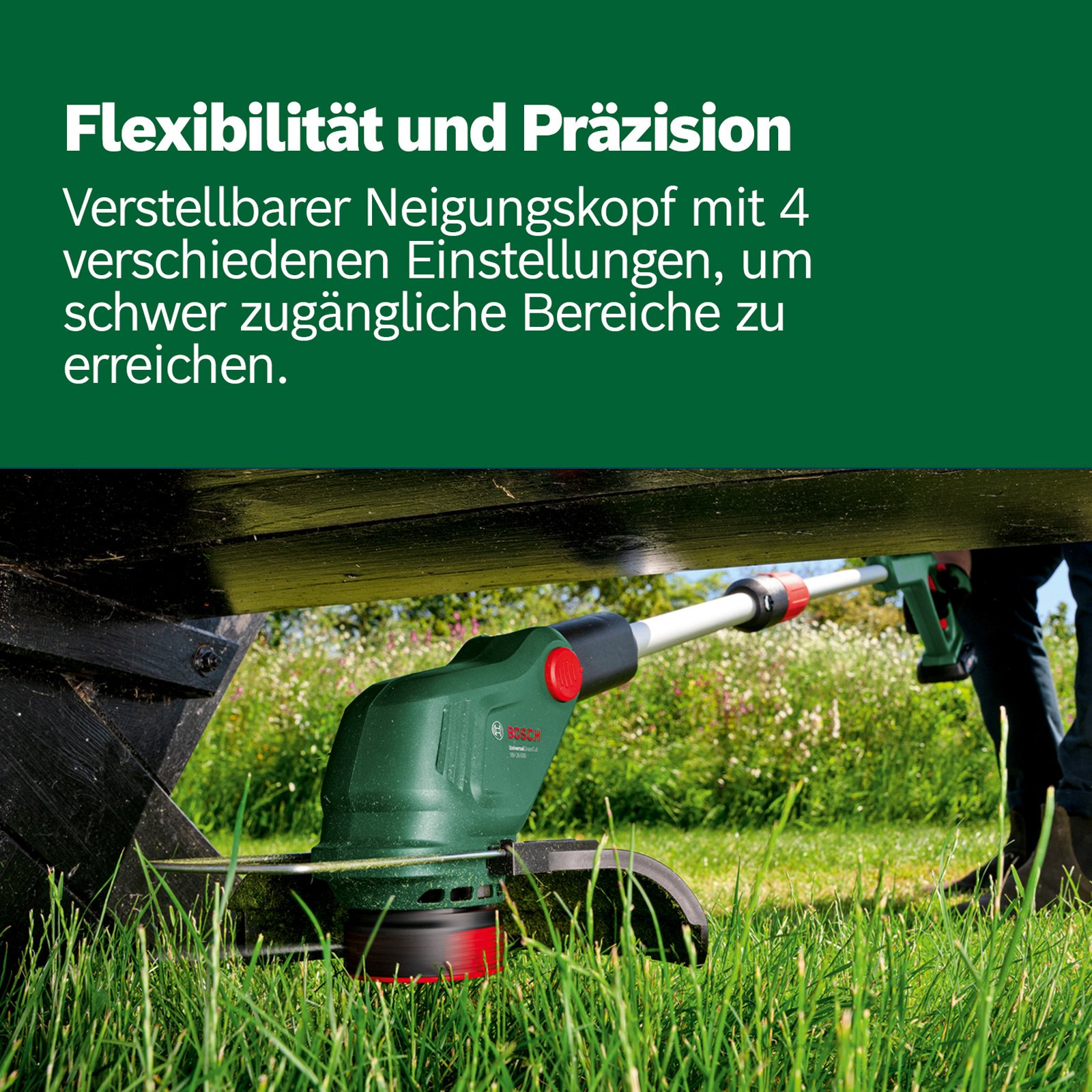 Ein Bosch Rasentrimmer schneidet Gras unter einer Holzbank im Freien.