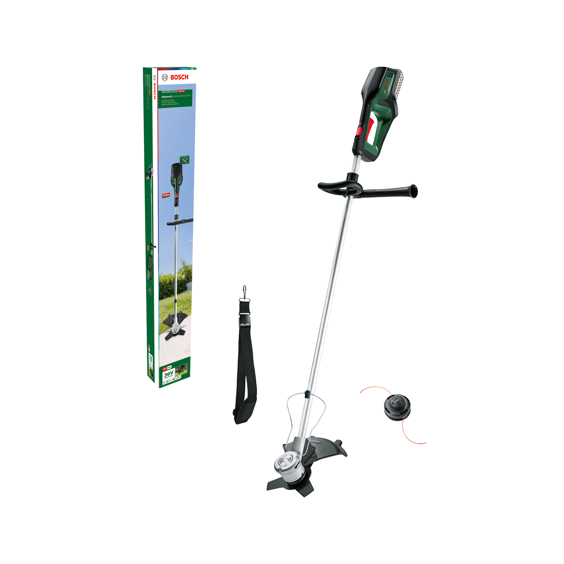 Ein Bosch Akku-Rasentrimmer mit Verpackung, Schultergurt und Ersatzfadenkopf auf weißem Hintergrund.