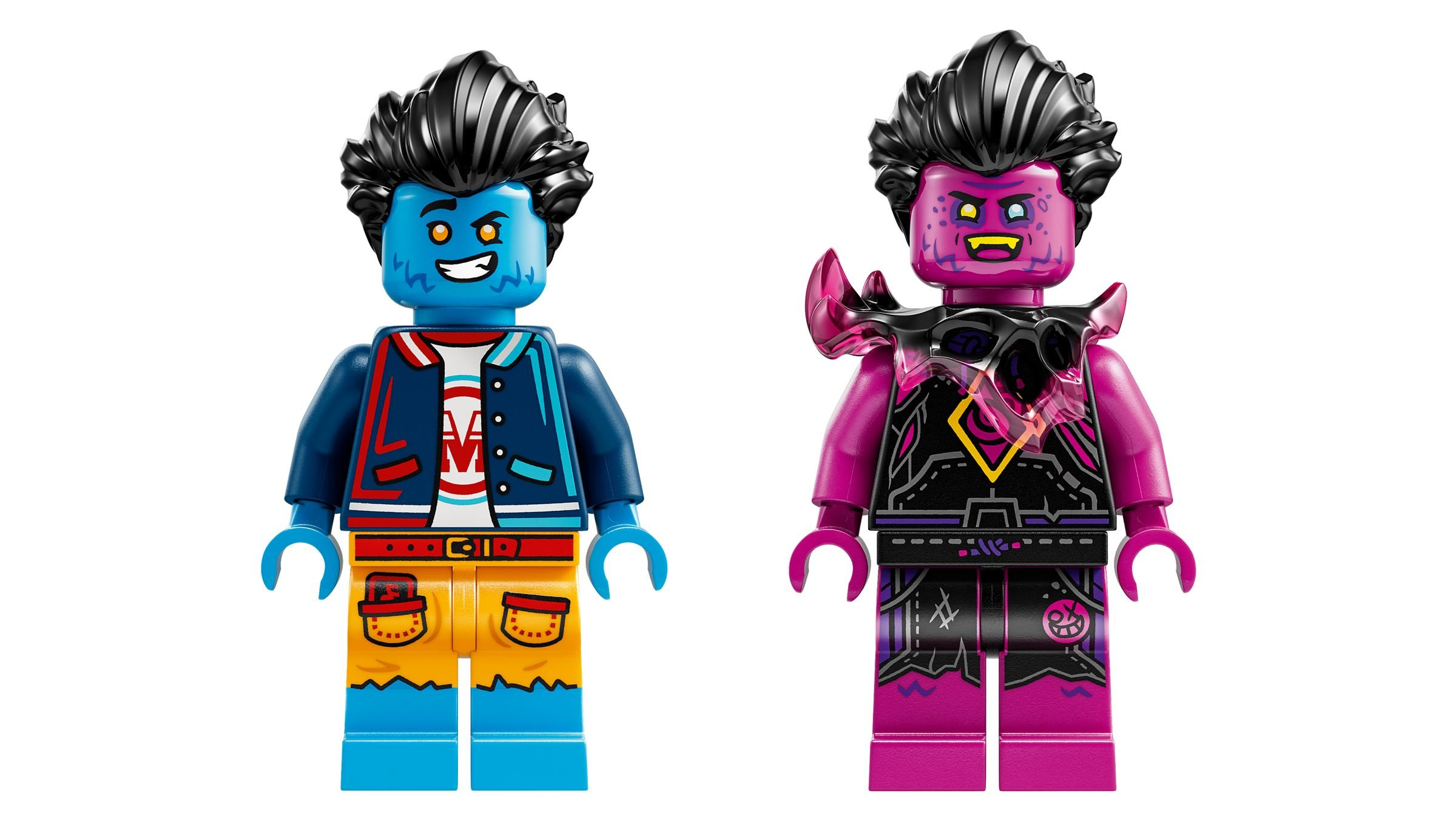 Deux figurines Lego aux cheveux noirs, une bleue avec une veste, une violette avec un col translucide.
