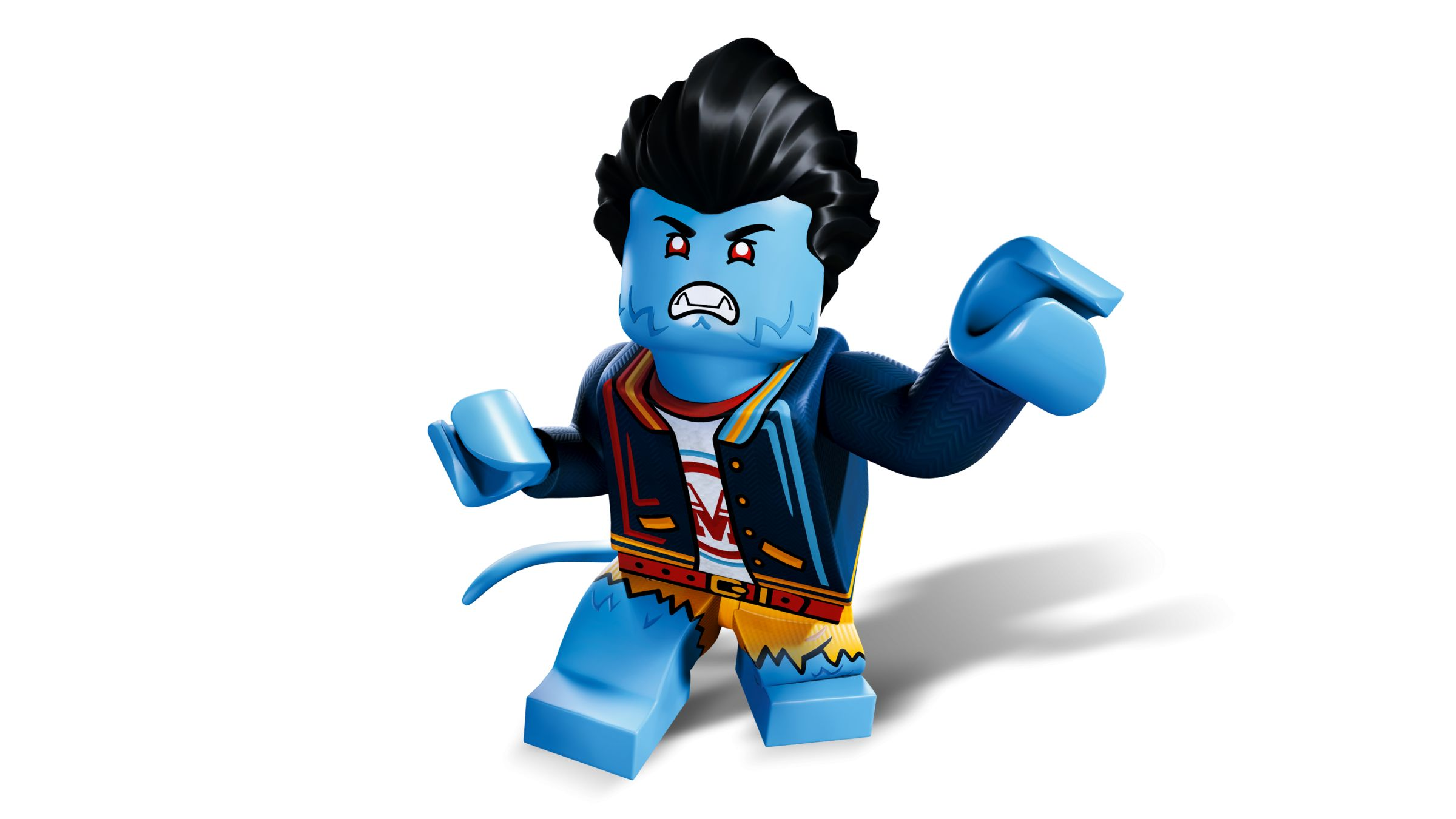 Une figurine LEGO bleue aux cheveux noirs et aux yeux rouges pose avec un air en colère sur fond blanc.