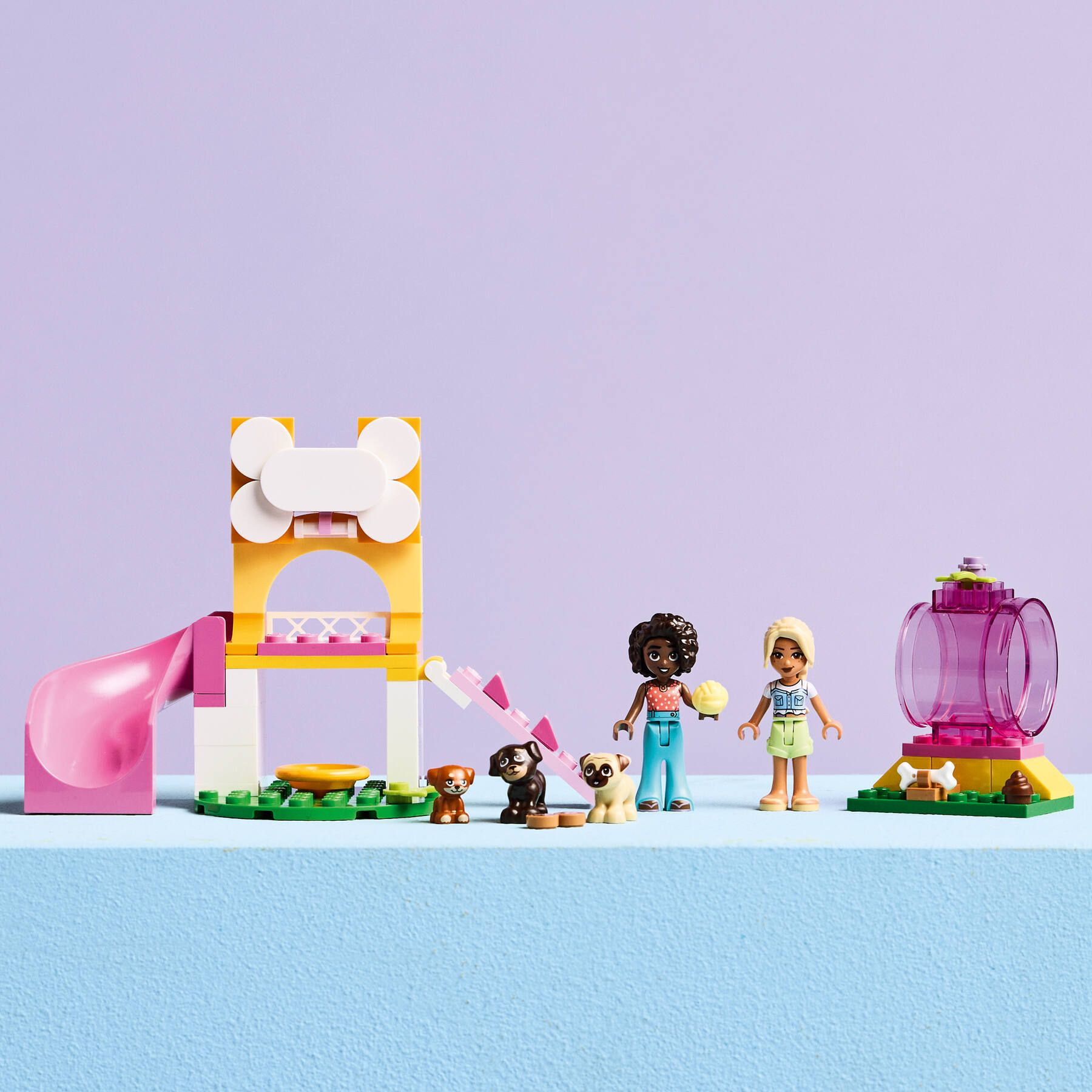 Set Lego Friends con due minidoll, tre cani giocattolo, uno scivolo giallo e accessori rosa su sfondo viola.