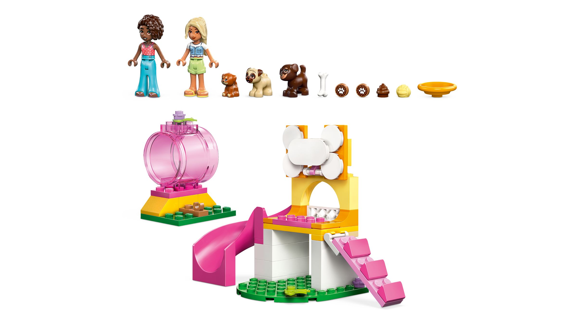 Set parco giochi Lego Friends con mini-doll, cani giocattolo, scivolo, tunnel rosa e accessori.