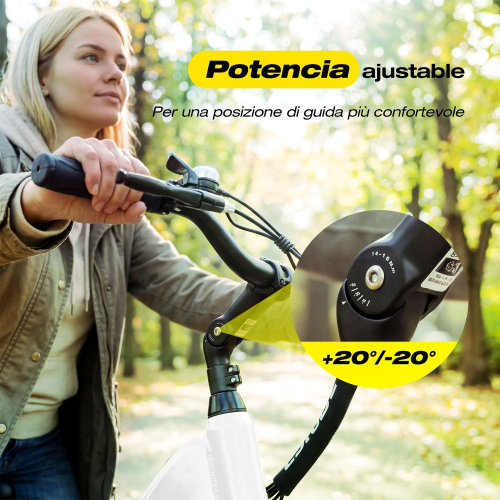 Una mujer rubia monta en bicicleta en un parque, destacando el manillar ajustable.