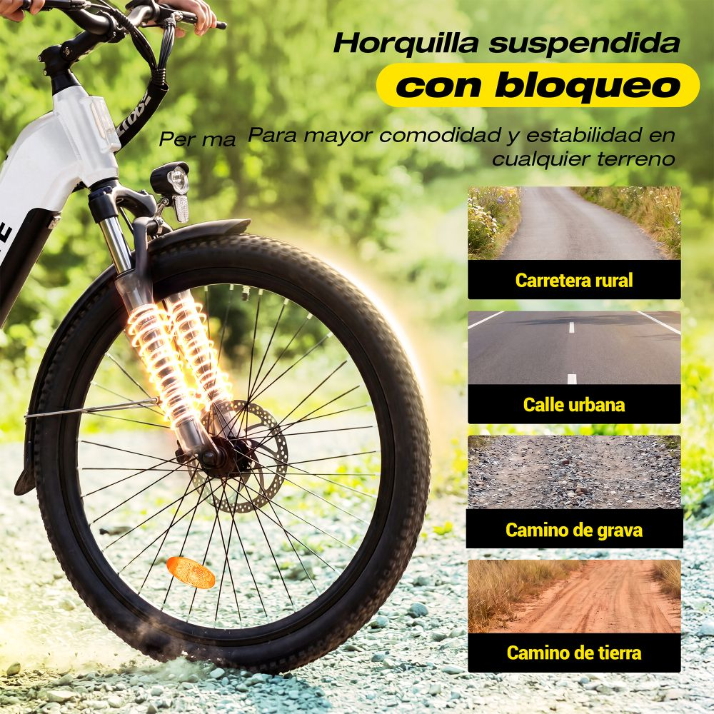 Horquilla de suspensión de bicicleta con bloqueo para varios terrenos, mostrando cuatro imágenes de distintas superficies.