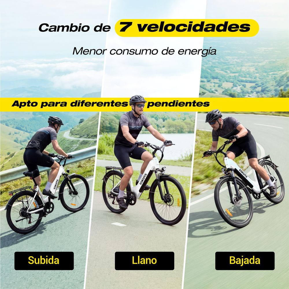 Un ciclista en e-bike mostrando conducción en subida, llano y bajada con 7 velocidades.