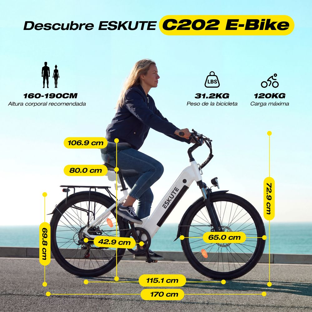 Una mujer monta una e-bike blanca Eskute C202 al aire libre con líneas de dimensión, especificaciones y texto.