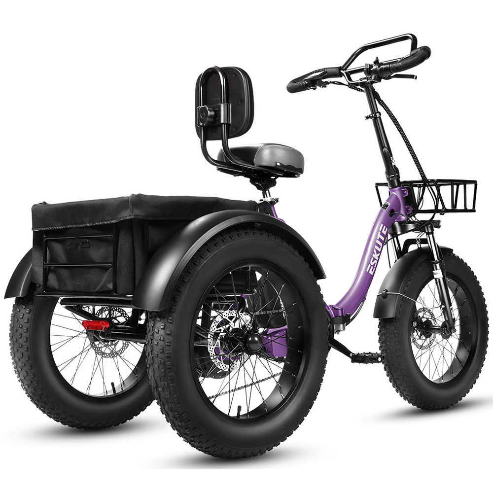 Triciclo eléctrico morado para adultos con neumáticos gruesos, cesta delantera, asiento trasero con respaldo y bolsa trasera.