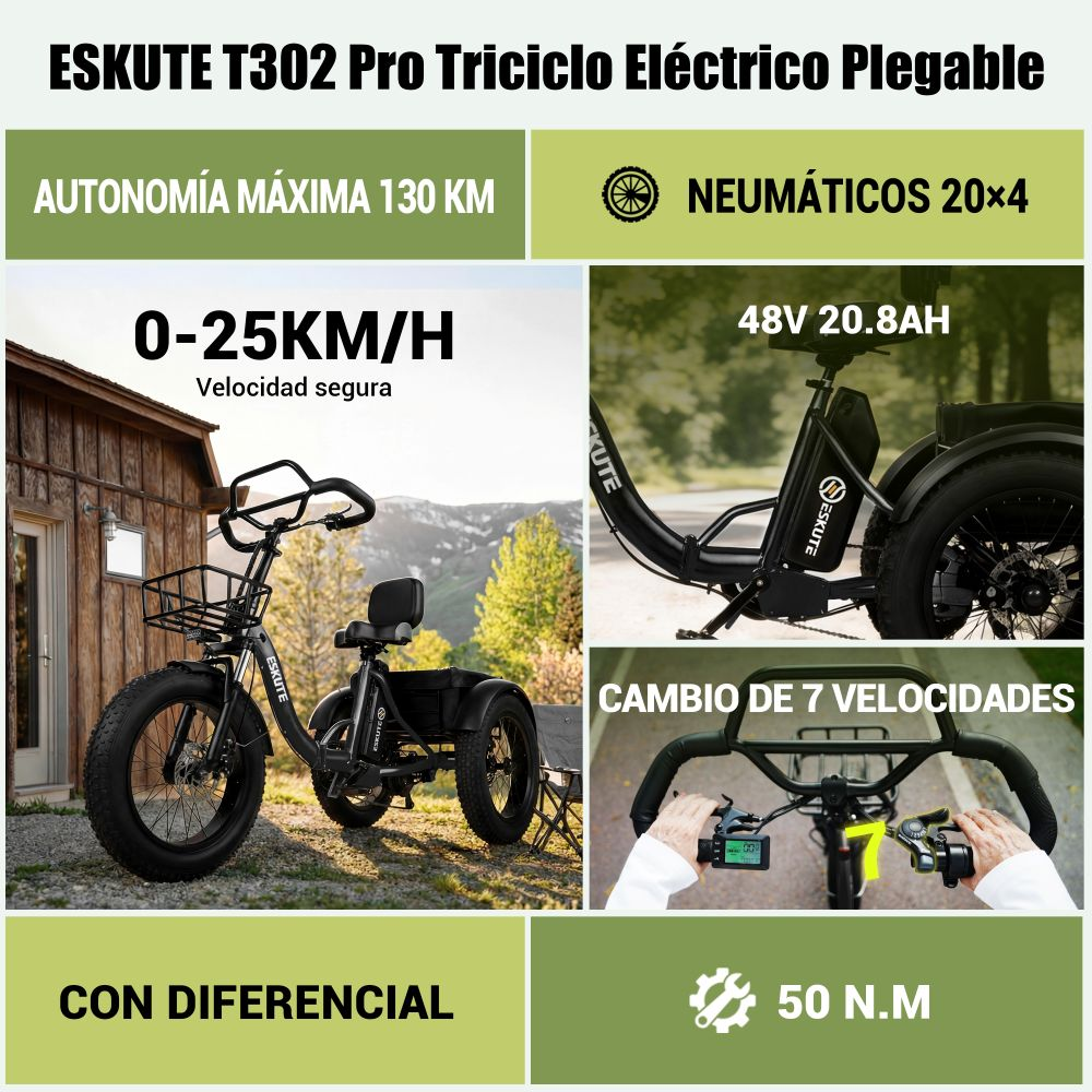 Un triciclo eléctrico plegable con neumáticos anchos, cestas delantera y trasera, batería de 48V y 7 velocidades.