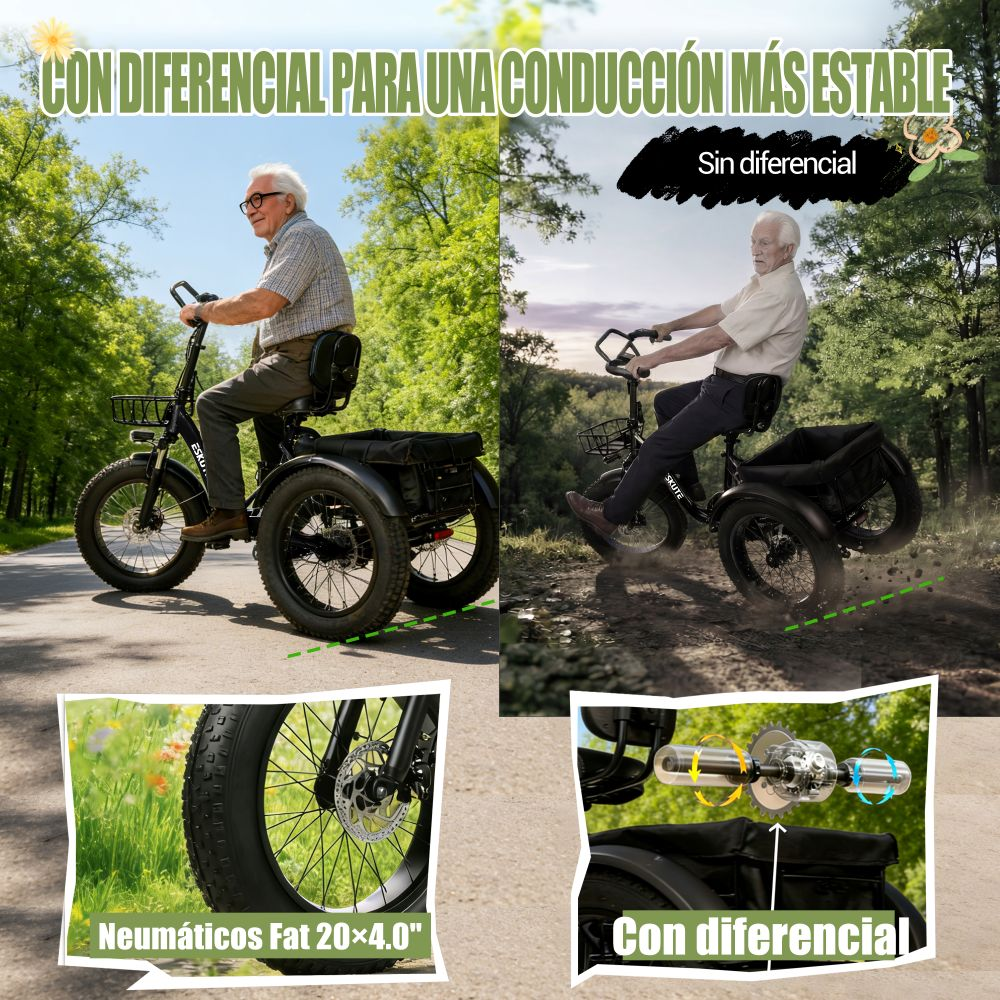 Comparación de un triciclo eléctrico con y sin diferencial en terreno irregular.