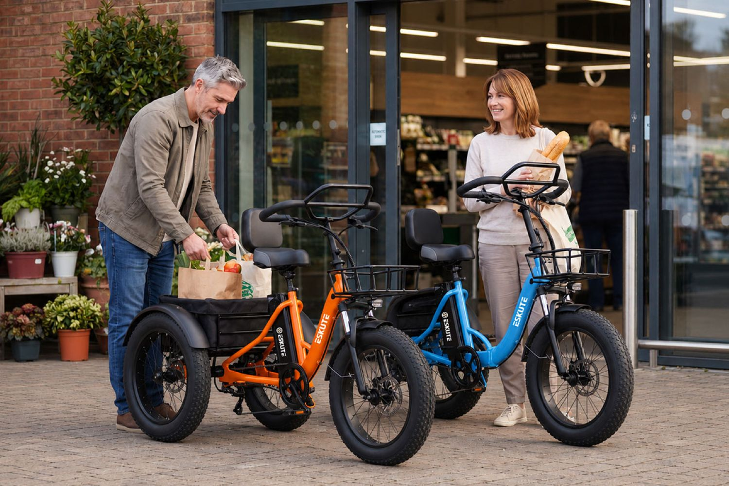 Una coppia con la spesa e due tricycles da carico elettrici fuori da un supermercato.