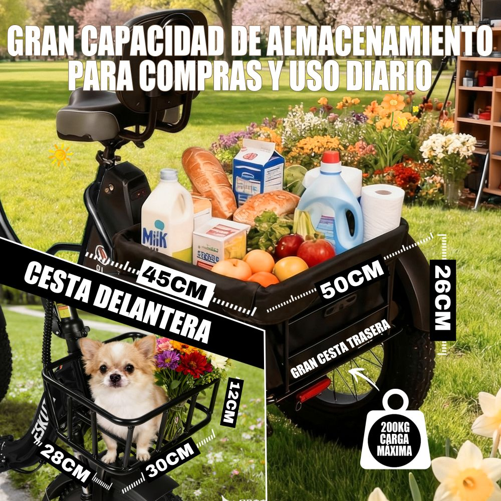 Triciclo eléctrico con cesta de carga llena y cesta delantera pequeña con perro.