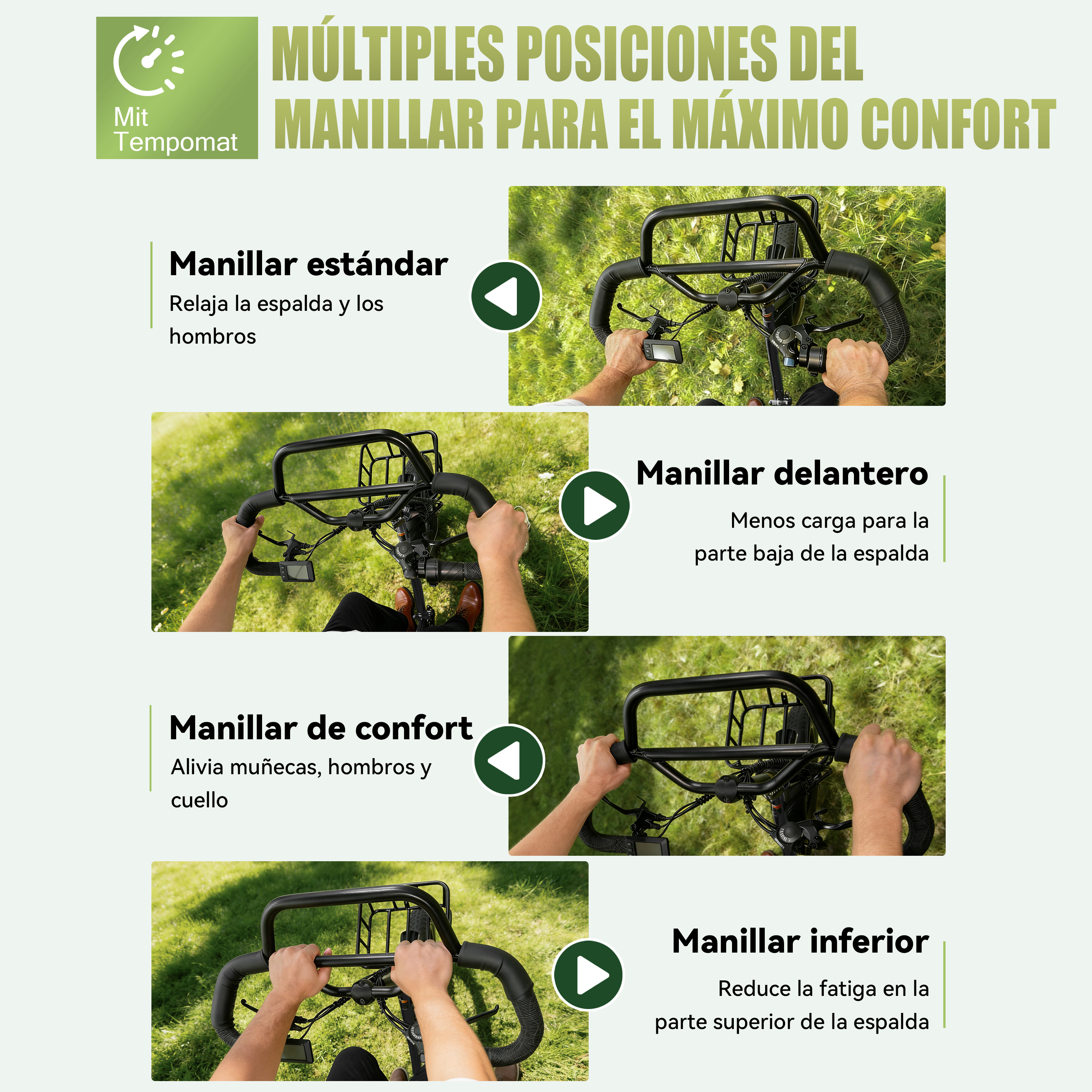 Cuatro imágenes que muestran a una persona sosteniendo diferentes posiciones de manillar en una bicicleta.