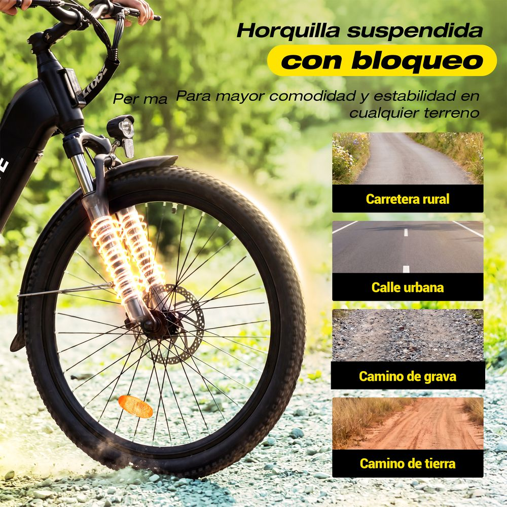 Horquilla de suspensión delantera de bicicleta resaltada, con cuatro imágenes de terreno a la derecha.