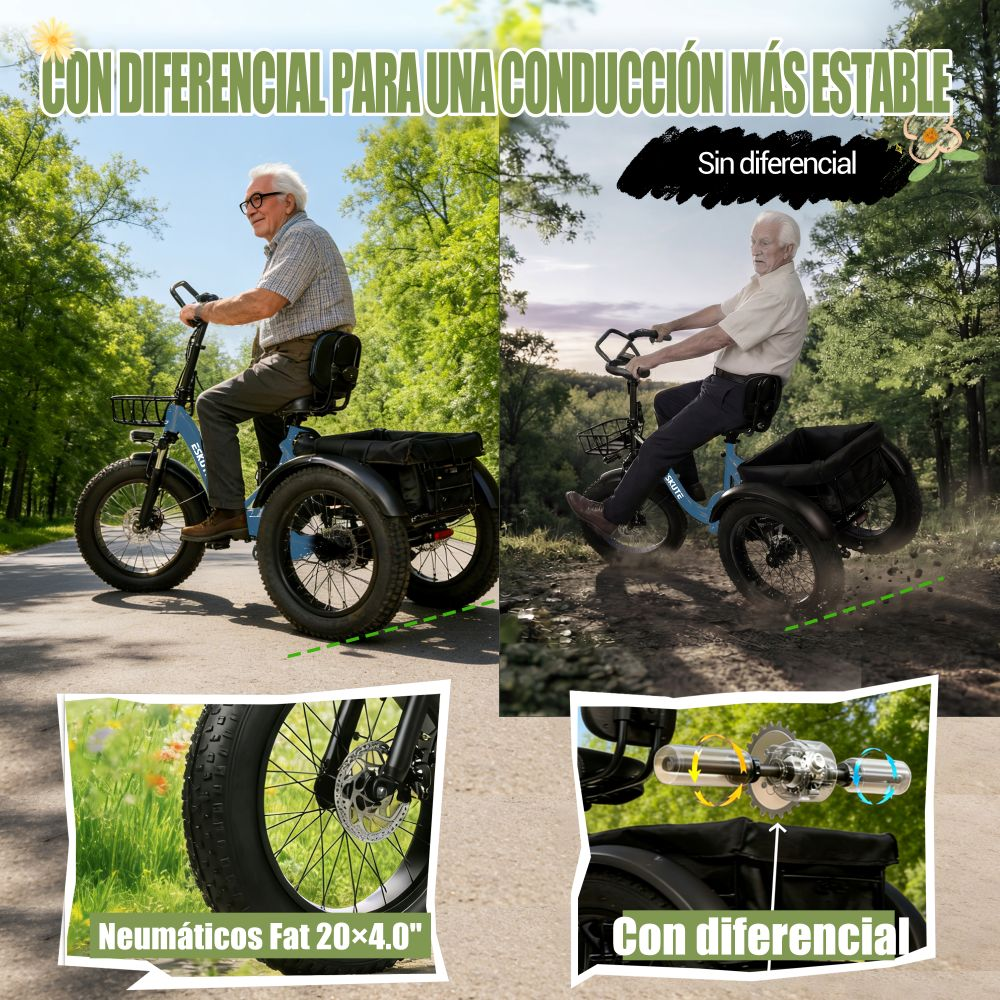 Comparación de un adulto mayor montando un triciclo eléctrico en pavimento y camino de tierra, mostrando su diferencial.