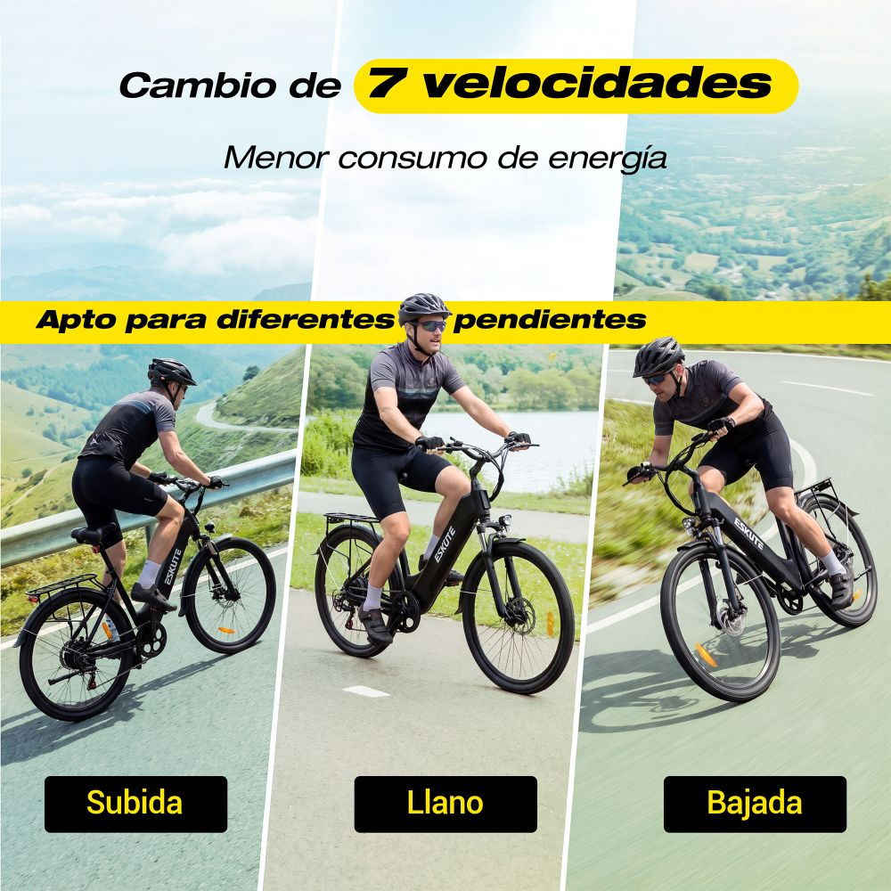 Tres paneles divididos que muestran a un hombre montando en bicicleta eléctrica cuesta arriba, en llano y cuesta abajo.