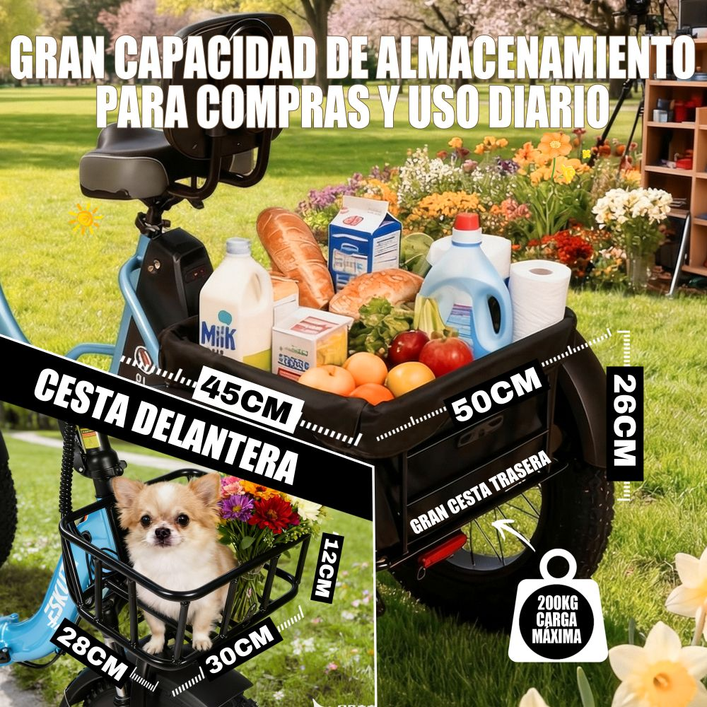 Triciclo eléctrico con cesta trasera con compras y perrito en la cesta delantera.