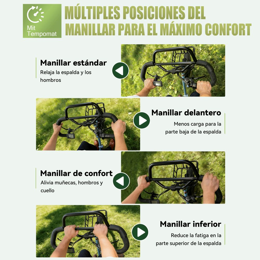 Cuatro imágenes muestran diferentes posiciones de manillar de bicicleta para mayor comodidad.