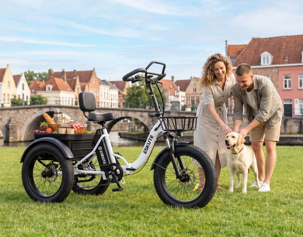 Una pareja acaricia a un perro junto a un triciclo eléctrico blanco con cesta de picnic ante un paisaje urbano.