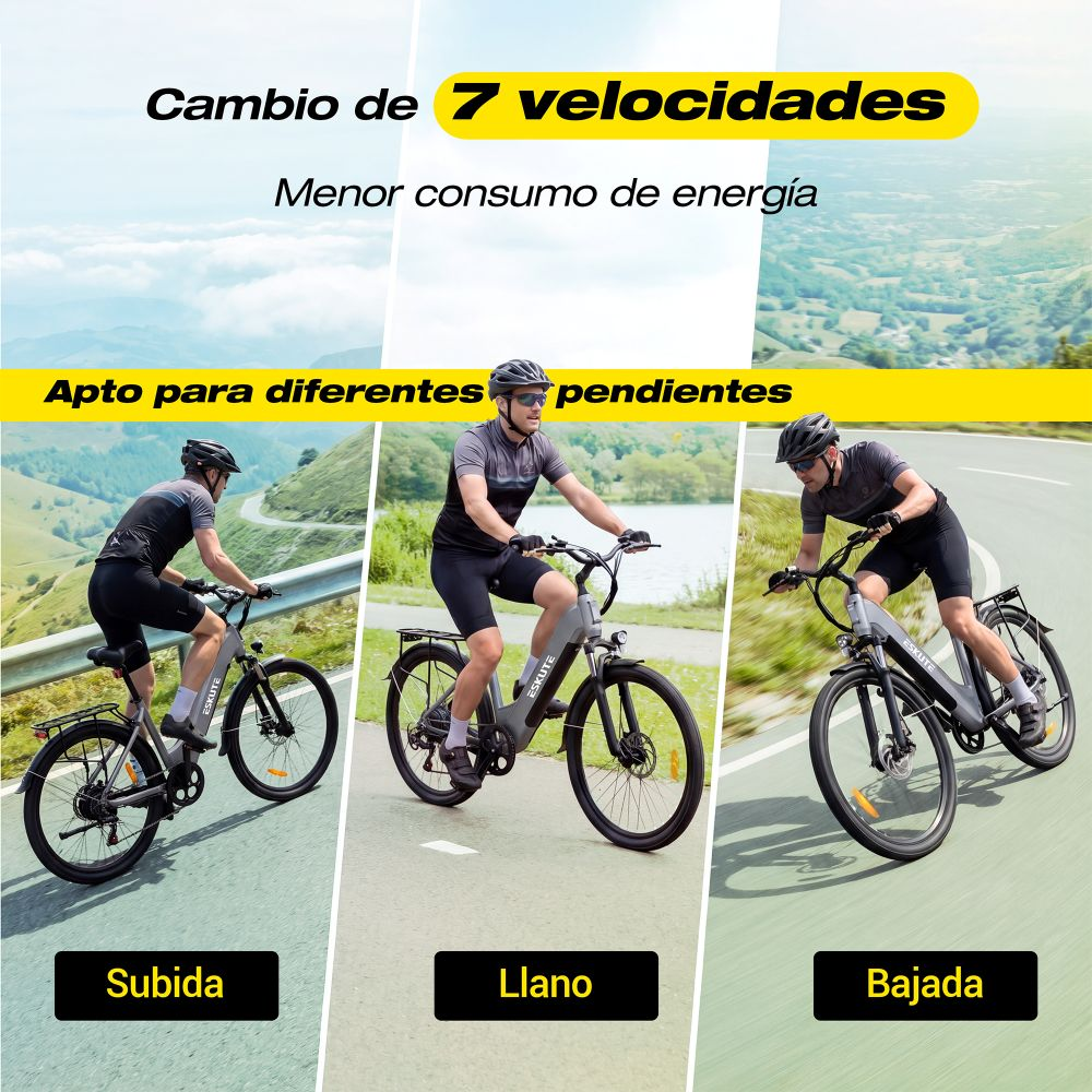 Un ciclista en una bicicleta eléctrica muestra diferentes situaciones de conducción como subida, llano y bajada.