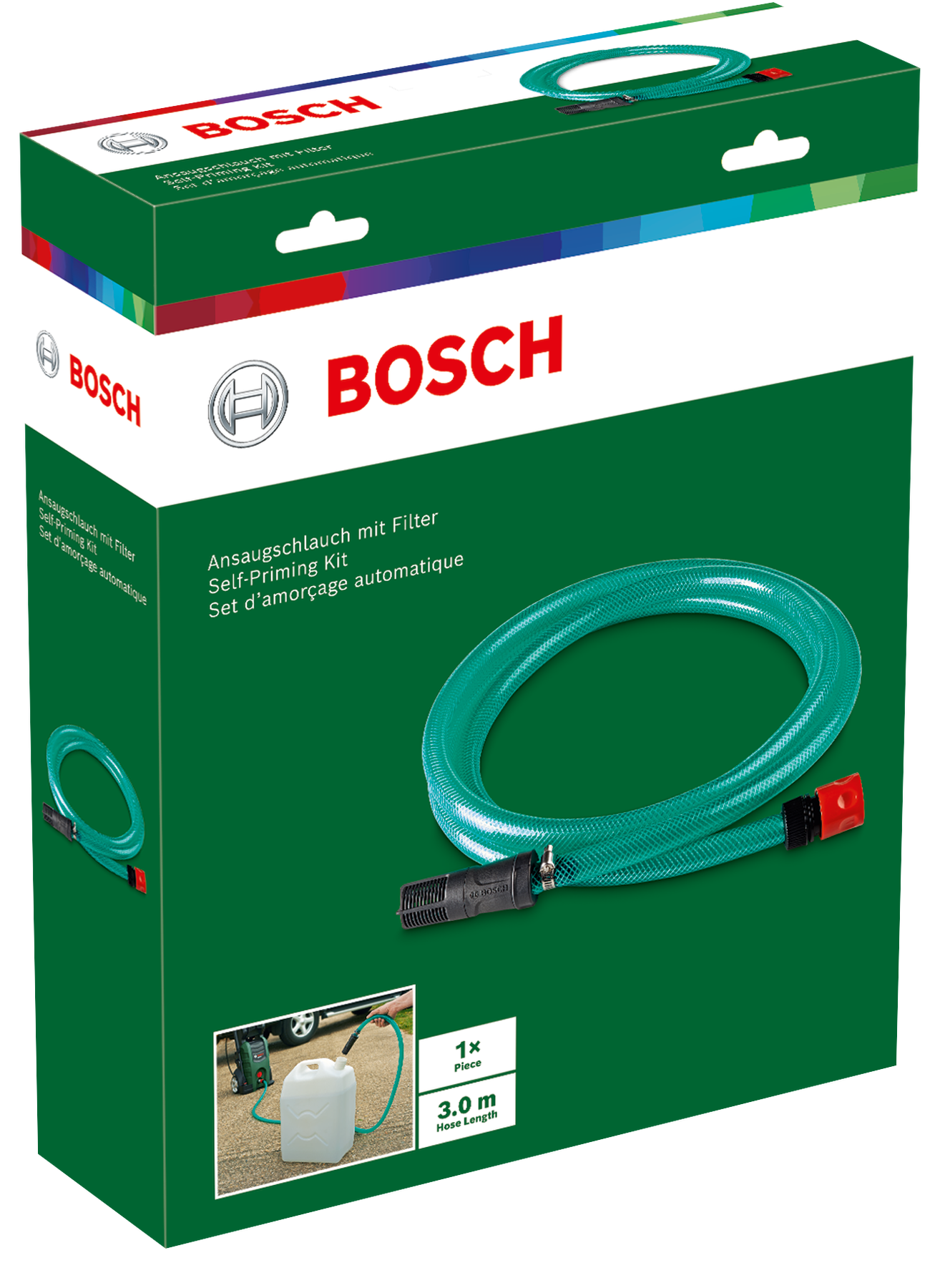Pompalar için kendinden emişli emiş hortumu ve filtre içeren yeşil Bosch kutusu.