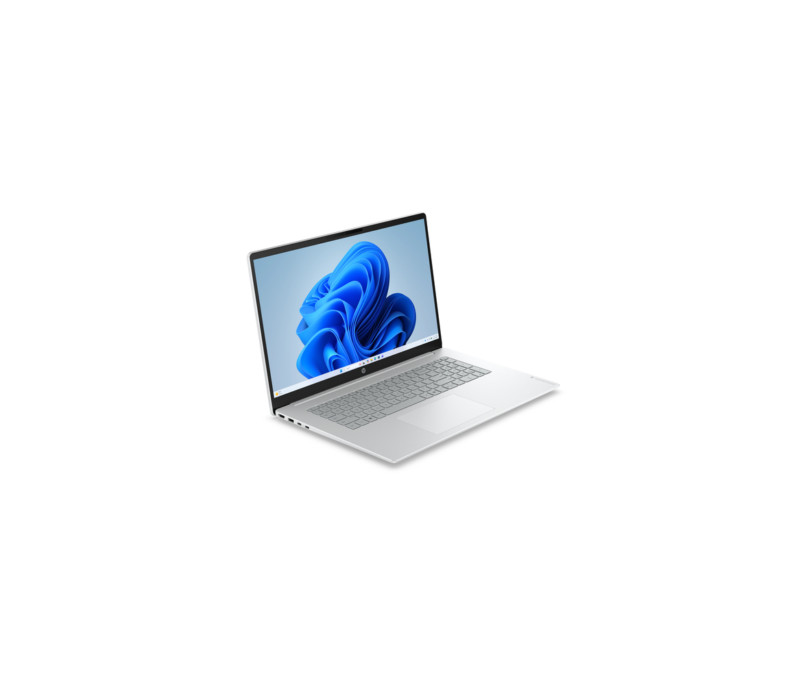 A silver laptop with a blue abstract wallpaper on the screen, isolated on a white background.