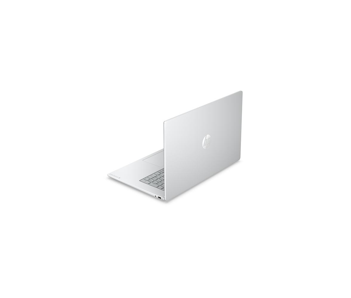 A silver laptop is shown from a rear diagonal angle on a white background.