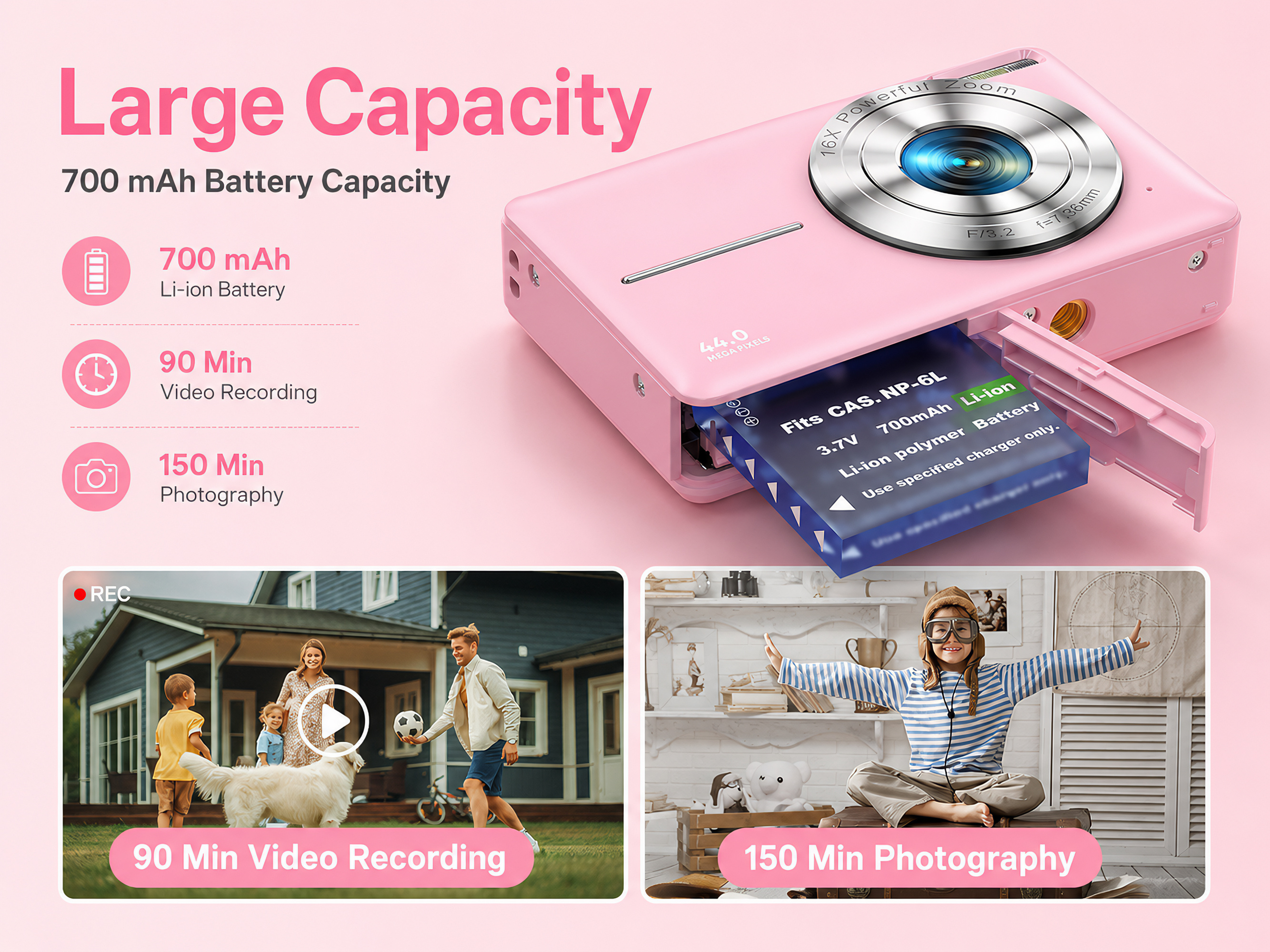 Rosa Digitalkamera mit geöffnetem Batteriefach und Text zur Akkukapazität und Nutzungsdauer.