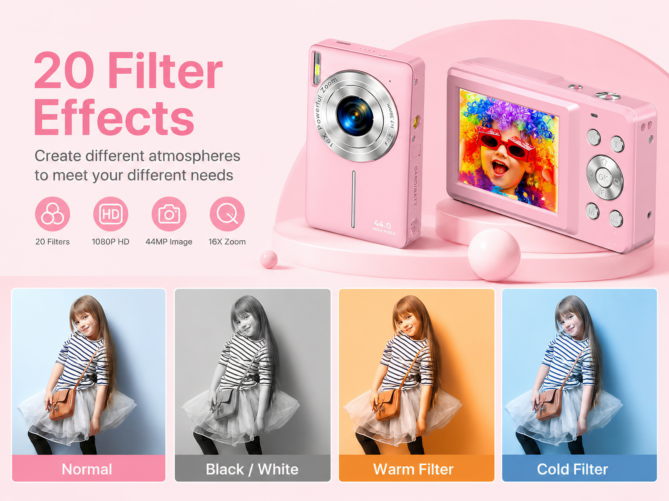 Rosa Kinderkamera mit 20 Filtereffekten, 1080P HD und 44MP Bildqualität.
