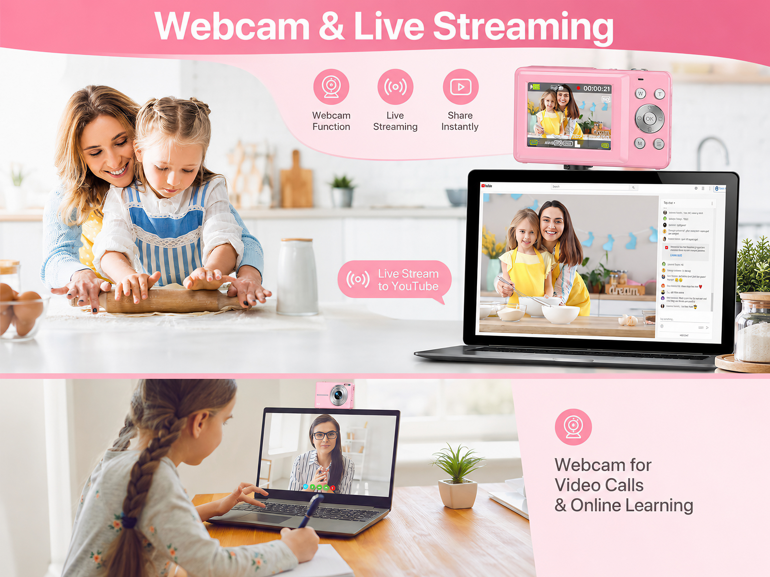 Rosa Digitalkamera auf Laptop zeigt Mutter und Kind beim Backen und Videotelefonieren.