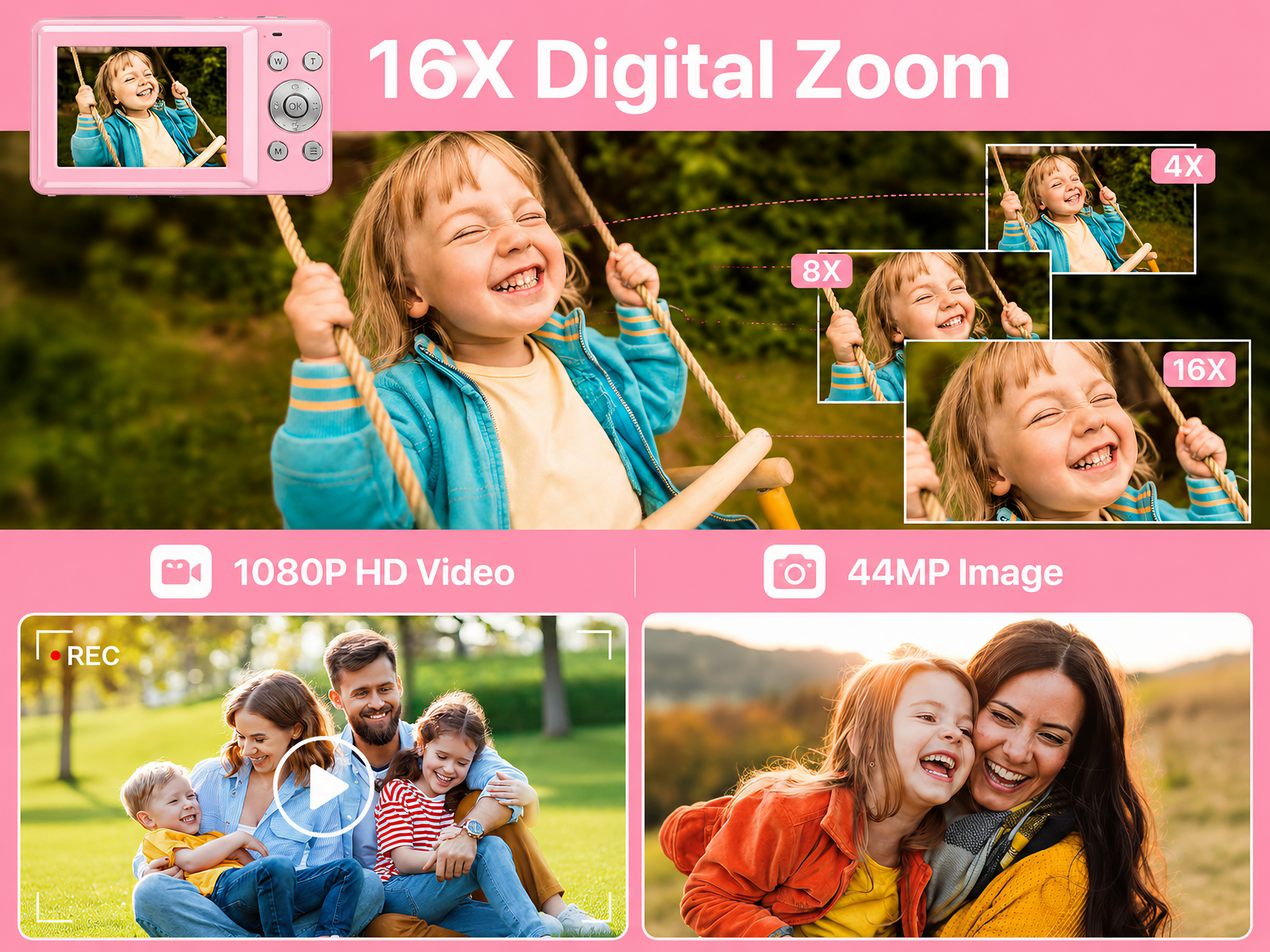 Rosa Digitalkamera mit Kind auf Schaukel und Beispielfotos für Zoom, HD-Video und 44MP-Auflösung.