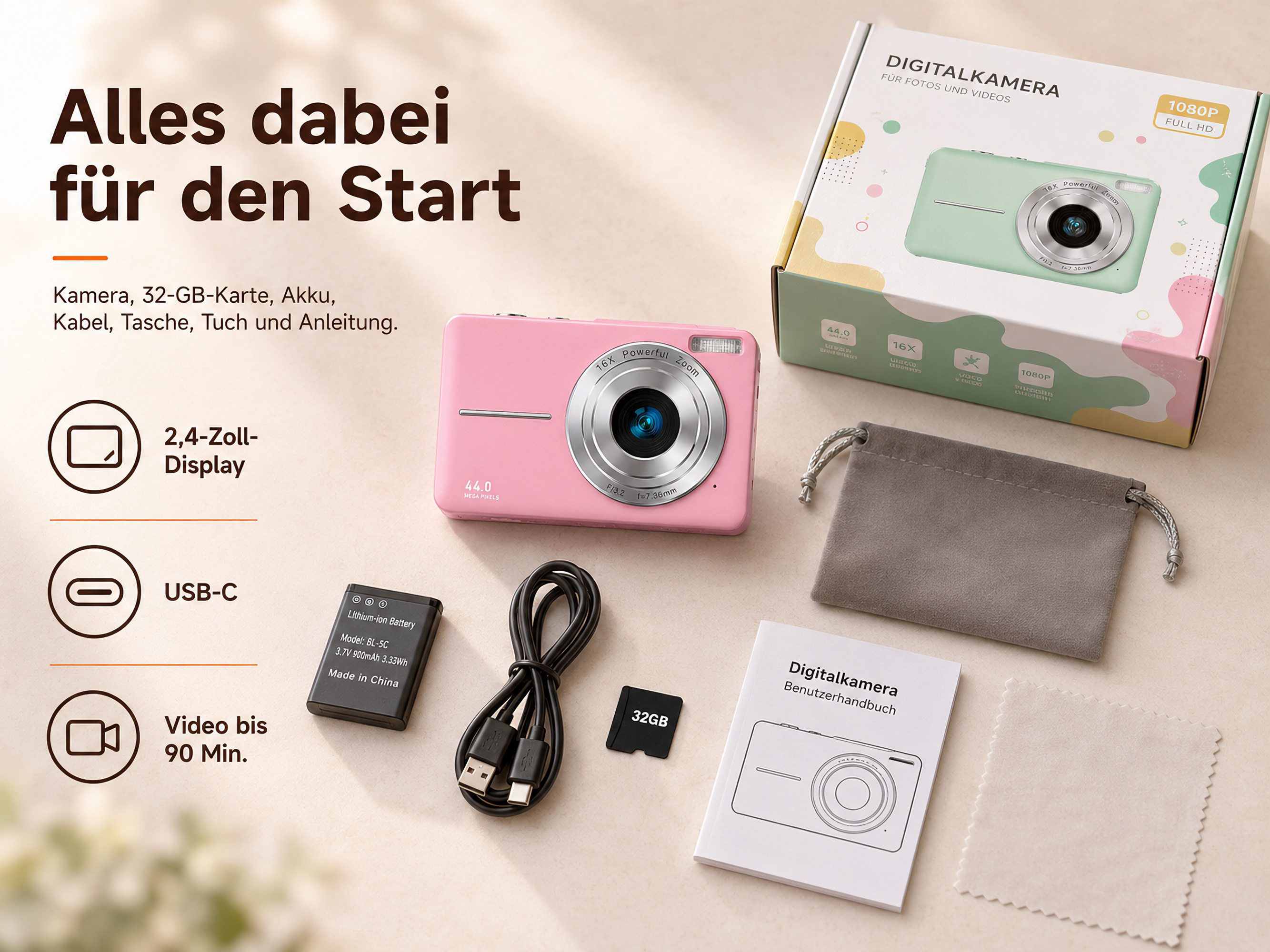 Eine rosa Digitalkamera mit Zubehör wie Akku, Kabel, SD-Karte, Tasche, Handbuch und Verpackungskarton.