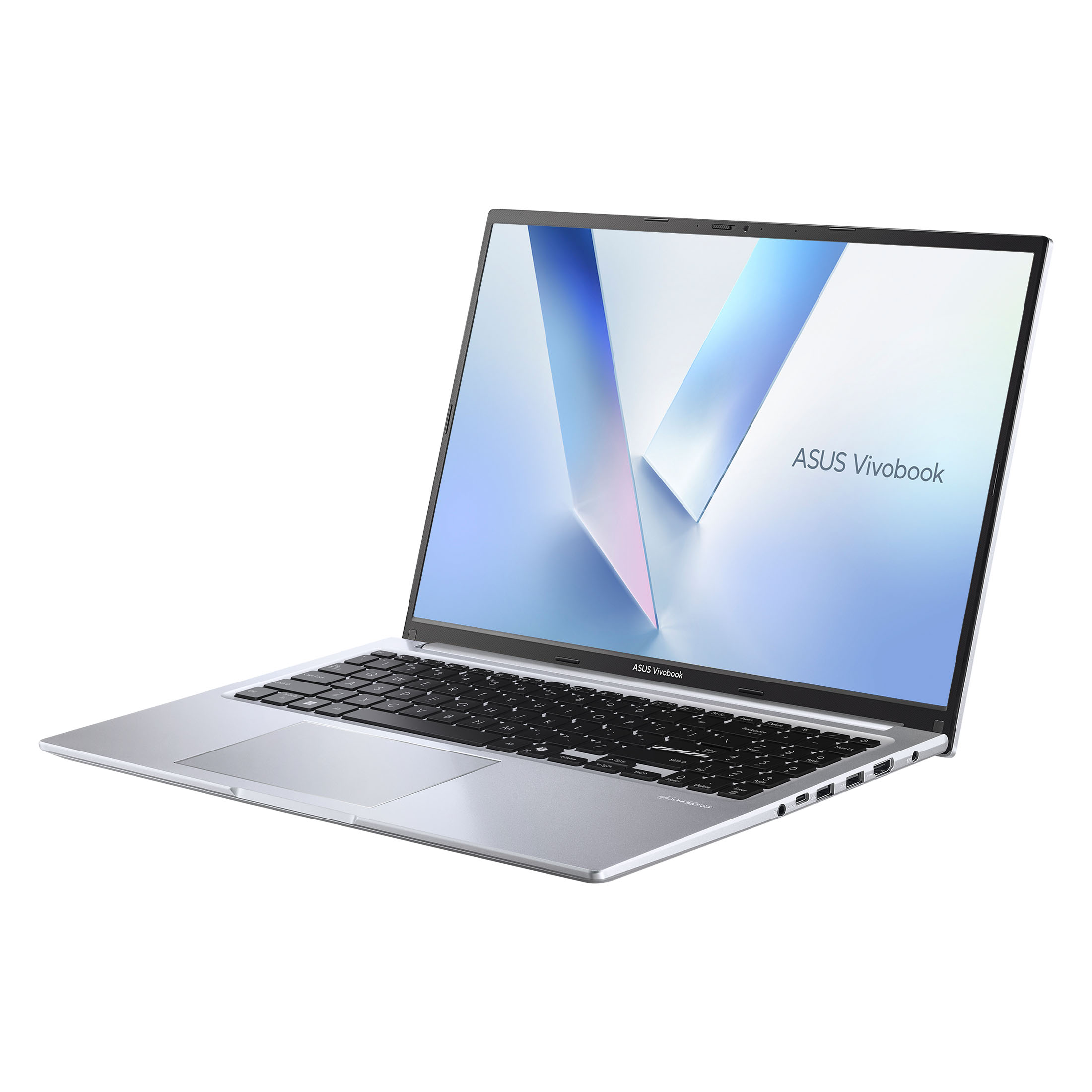 Ein silberner ASUS Vivobook Laptop steht offen auf weißem Hintergrund mit bläulichem Display.