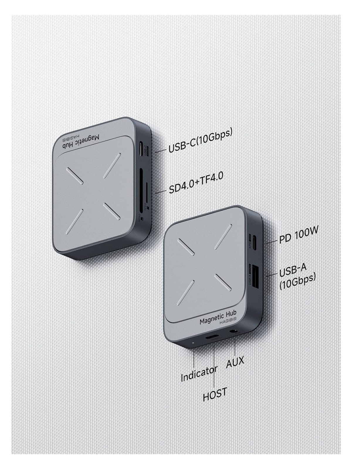 Zwei graue magnetische Hubs mit Beschriftungen für USB-C, SD, PD 100W, USB-A, Anzeige, AUX und HOST.