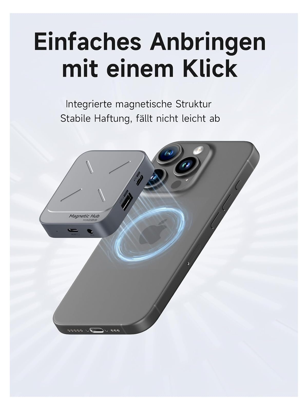 Magnetisches graues Hub verbindet sich kabellos mit der Rückseite eines Smartphones.