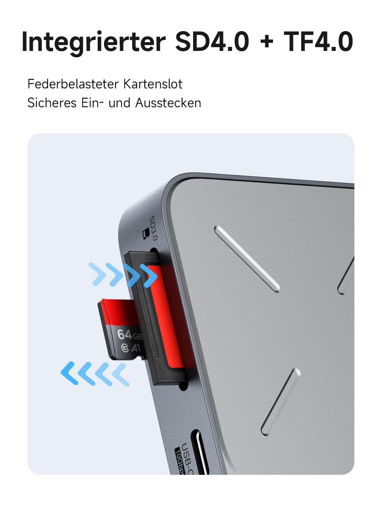 SD-Karte wird in den Slot eines grauen Hubs gesteckt.