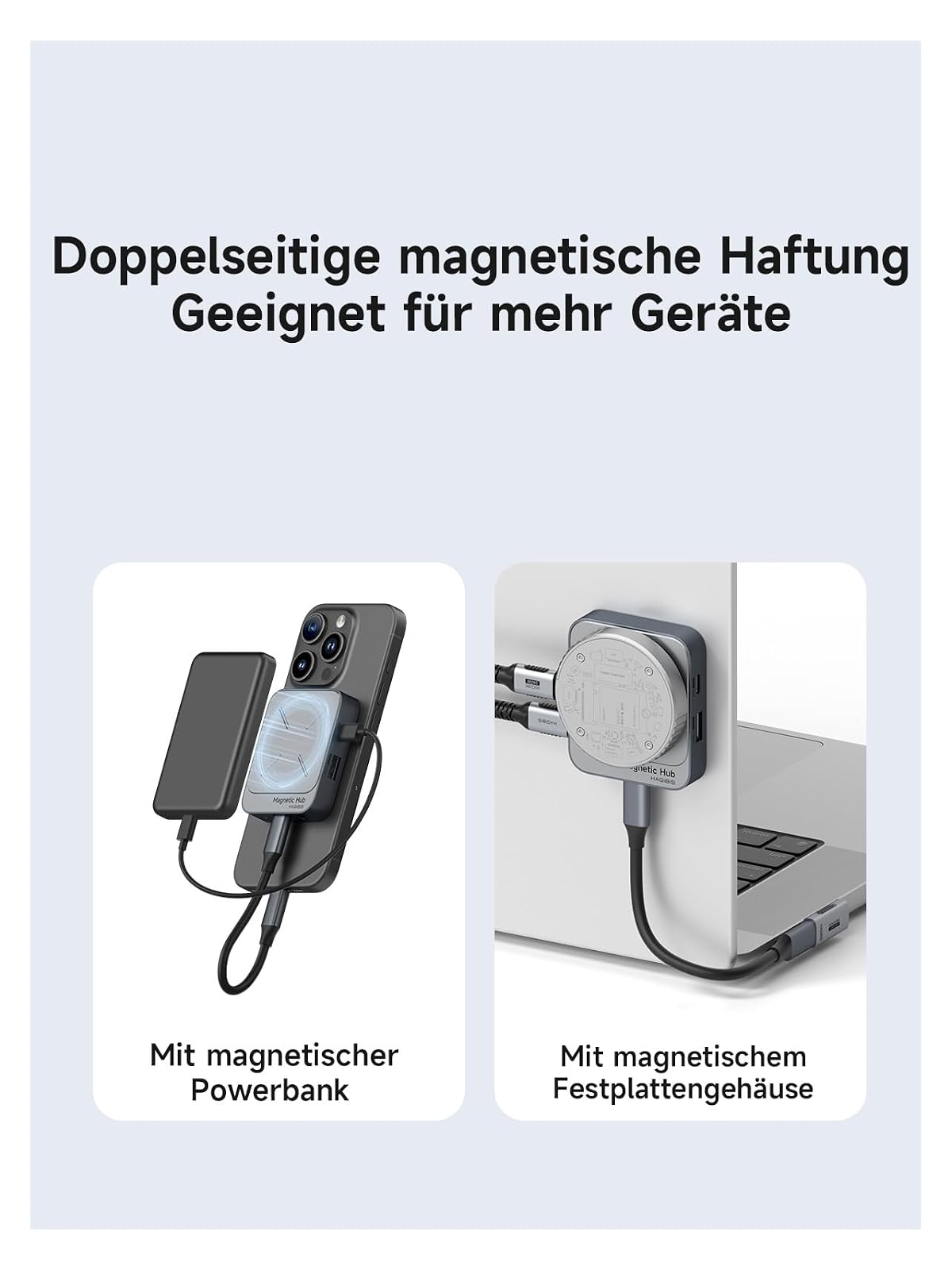 Ein magnetischer Hub an Smartphone und Laptop zeigt doppelseitige magnetische Haftung.