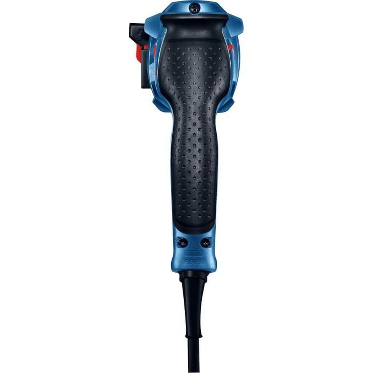 Taladro azul con empuñadura de goma negra texturizada y cable abajo, vista frontal.