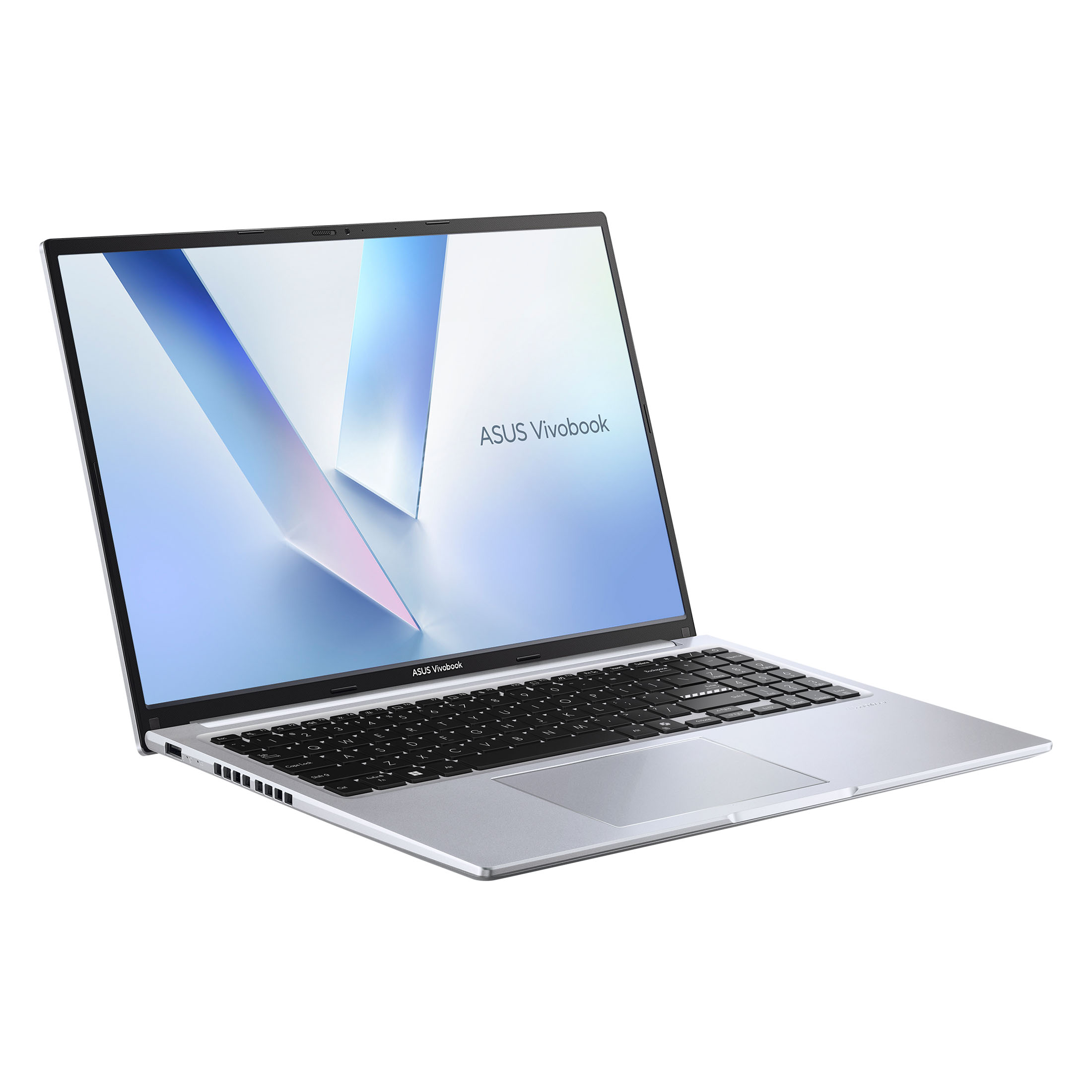 Ein silberner ASUS Vivobook Laptop mit offenem Display und schwarzer Tastatur auf weißem Hintergrund.