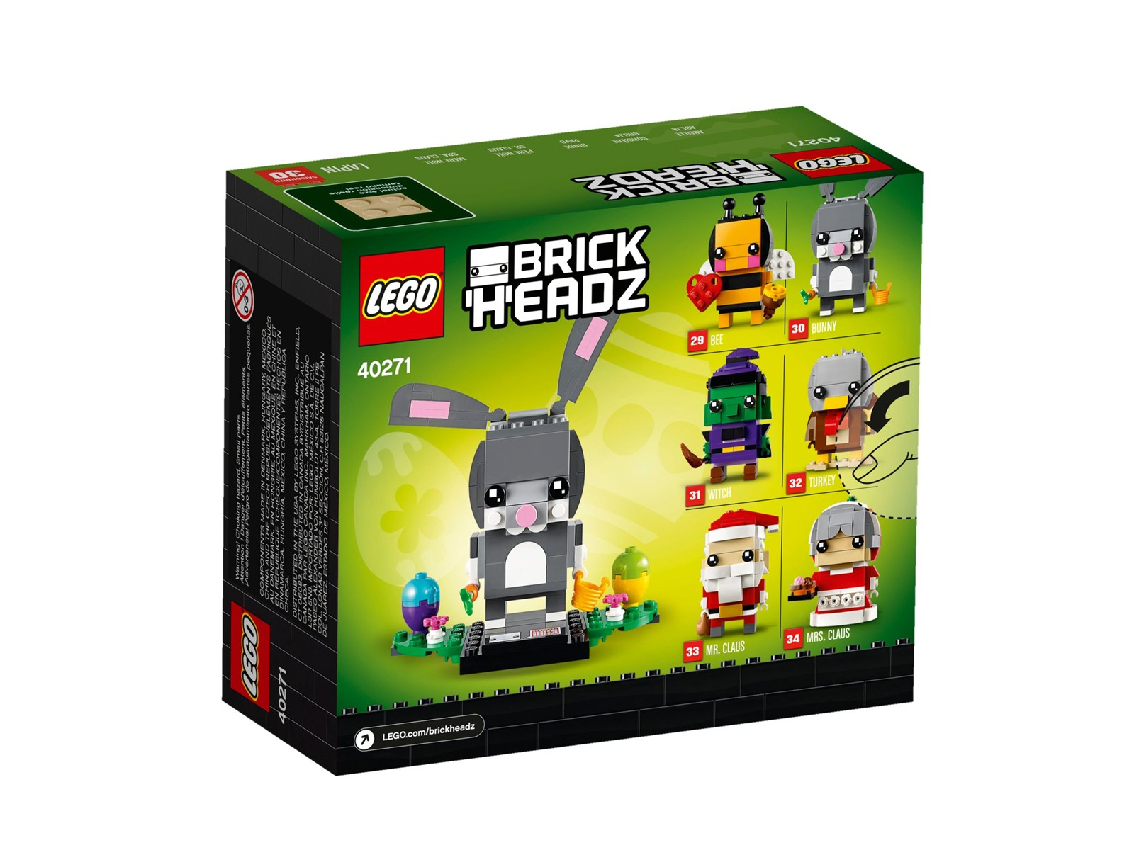 Lego BrickHeadz Osterhase Box mit grünem Hintergrund und kleinen Modellen.
