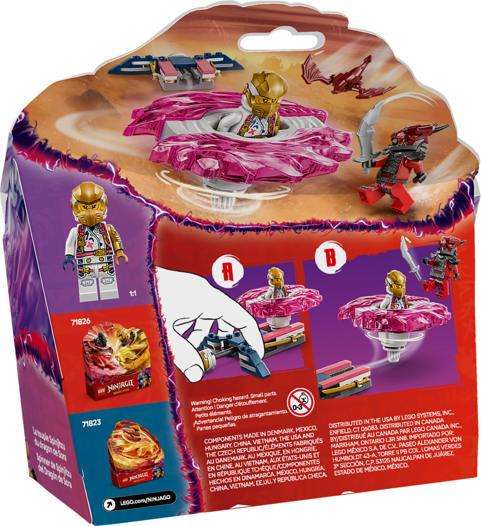 LEGO Ninjago Verpackungsrückseite zeigt Sora-Spinjitzu-Figur, pinkes Element und Anleitungen.