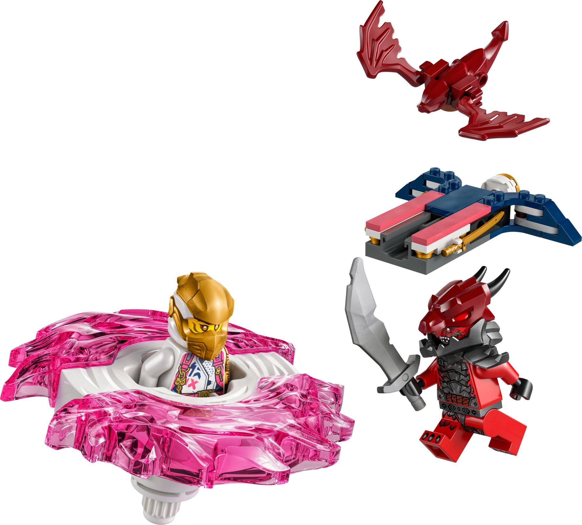 Lego Ninjago Set mit Zane in einem rosa Wirbel, rotem Drachen, rotem Dämon und Fahrzeug.